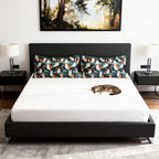 Pillow Sham - A whimsical, fluffy, watercolor depiction of various cats of different colors peeking out from a dense dark blue and green bush with white flowers.