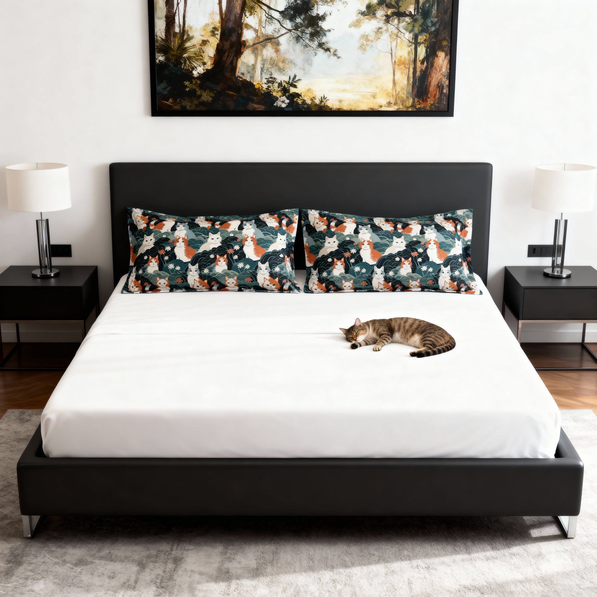 Pillow Sham - A whimsical, fluffy, watercolor depiction of various cats of different colors peeking out from a dense dark blue and green bush with white flowers.