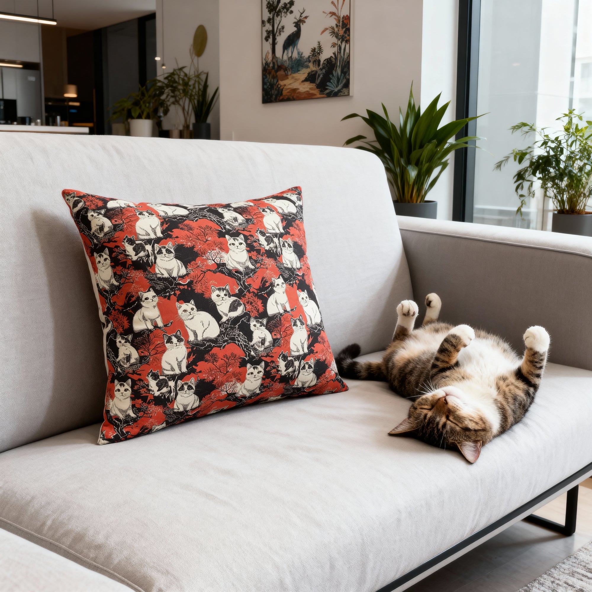 Indoor Square Pillow - A striking black-and-white illustration with red accents of charming cats perched on the branches of trees in a beautiful Japanese woodblock print style.