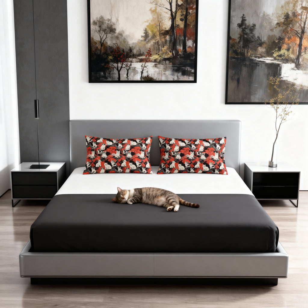 Pillow Sham - A striking black-and-white illustration with red accents of charming cats perched on the branches of trees in a beautiful Japanese woodblock print style.