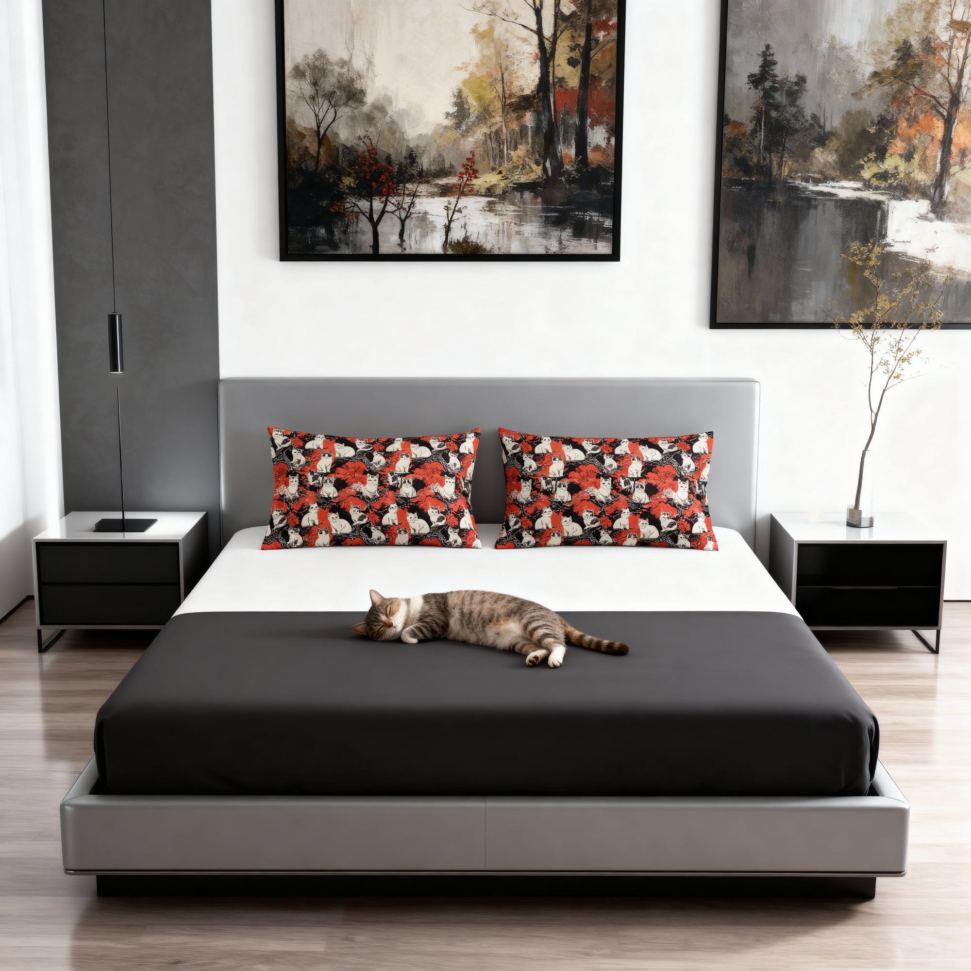 Pillow Sham - A striking black-and-white illustration with red accents of charming cats perched on the branches of trees in a beautiful Japanese woodblock print style.