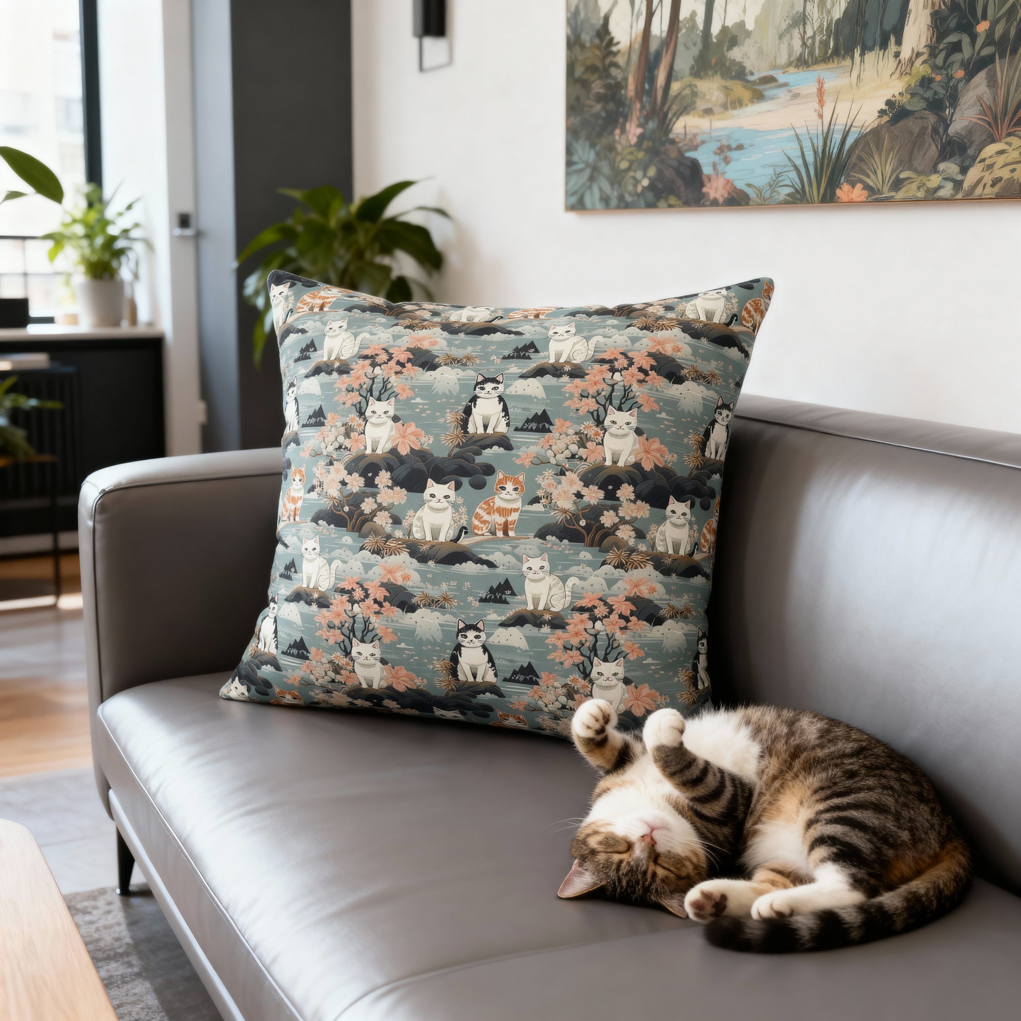 Indoor Square Pillow - A serene watercolor painting of fluffy cats lounging on rocks, surrounded by cherry blossoms and blue water, in a tranquil, nature-filled, Japanese-inspired landscape.