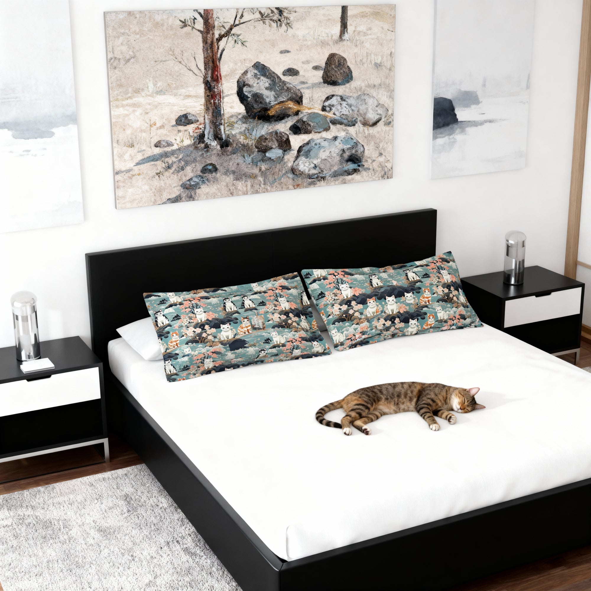 Pillow Sham - A serene watercolor painting of fluffy cats lounging on rocks, surrounded by cherry blossoms and blue water, in a tranquil, nature-filled, Japanese-inspired landscape.