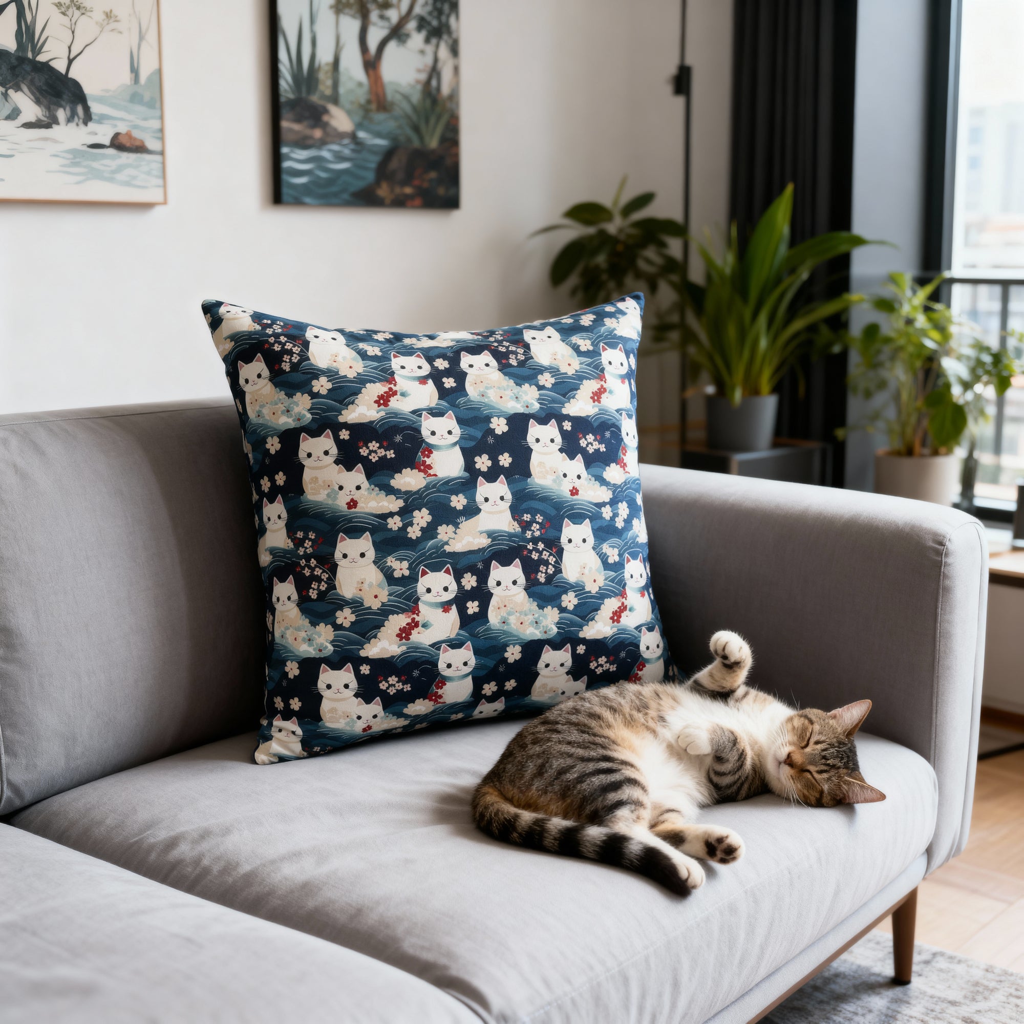 Indoor Square Pillow - A lovely, playful, Japanese-inspired illustration of sweet white cats sitting on rolling blue waves with red and white flowers and gentle clouds.