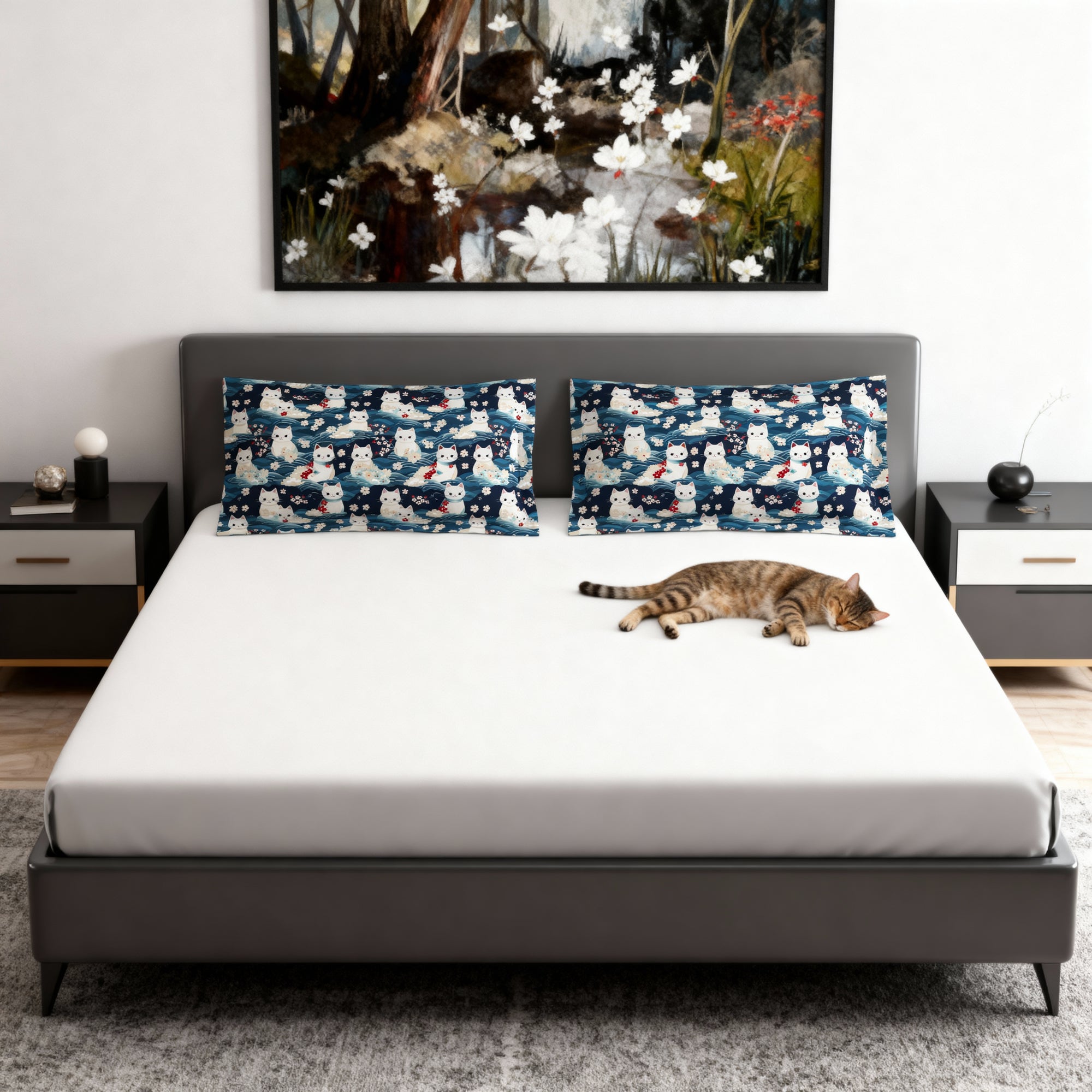 Pillow Sham - A lovely, playful, Japanese-inspired illustration of sweet white cats sitting on rolling blue waves with red and white flowers and gentle clouds.