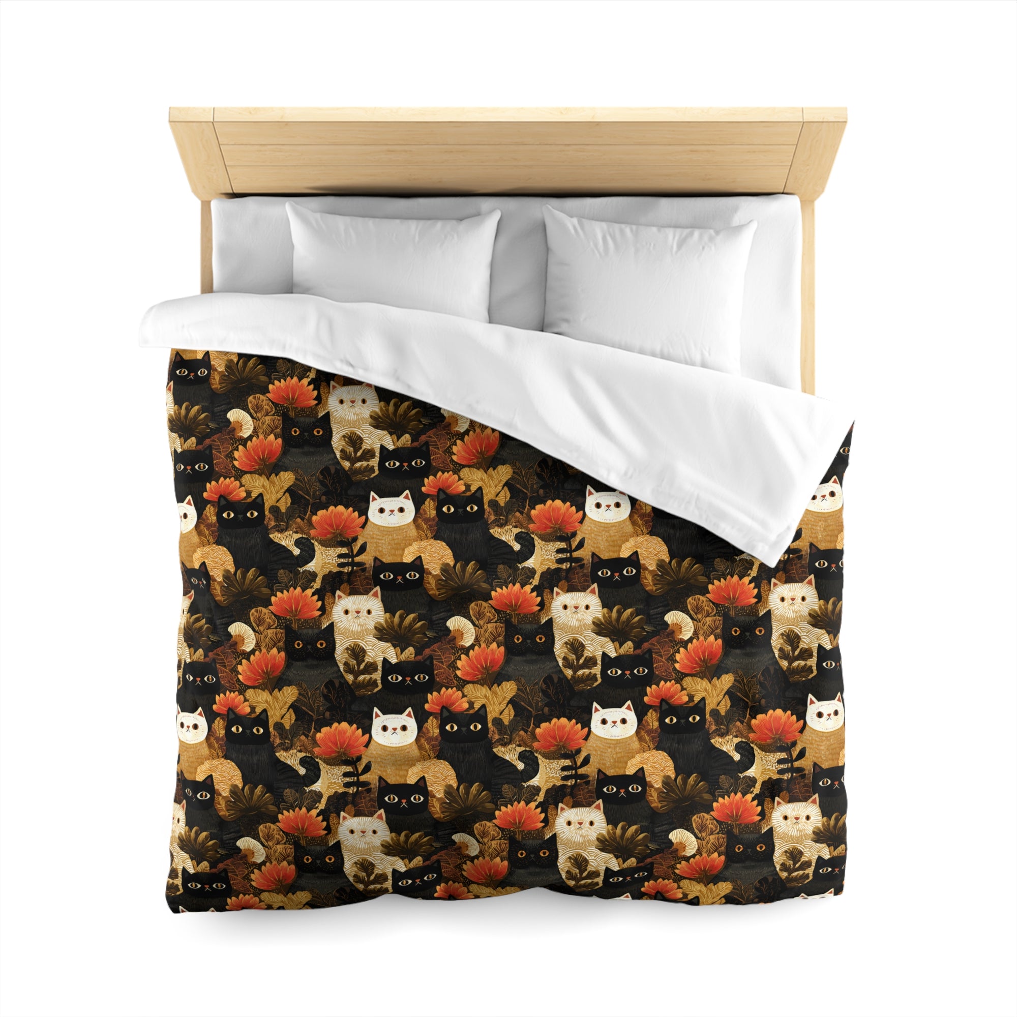 Duvet Cover - A dark and fantastical illustrative painting of many different cats and plants, creating a dense, mysterious, and golden jungle or forest scene.