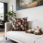 Indoor Square Pillow - A detailed and ornate Victorian-style pattern featuring a tight grouping of fluffy cats of various colors surrounded by black and red flowers and leaves.