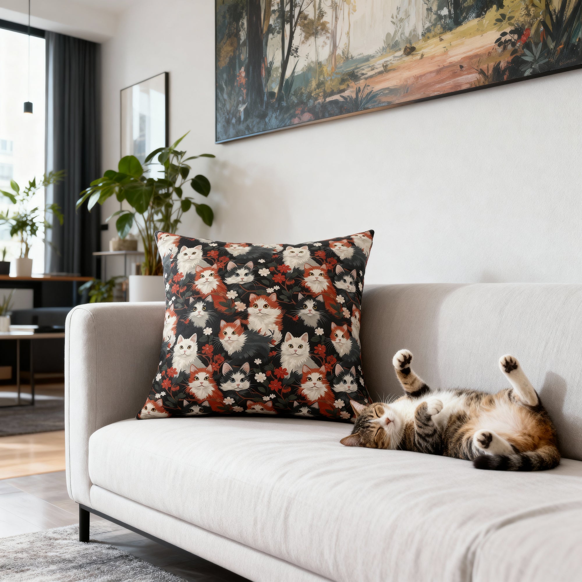 Indoor Square Pillow - A detailed and ornate Victorian-style pattern featuring a tight grouping of fluffy cats of various colors surrounded by black and red flowers and leaves.