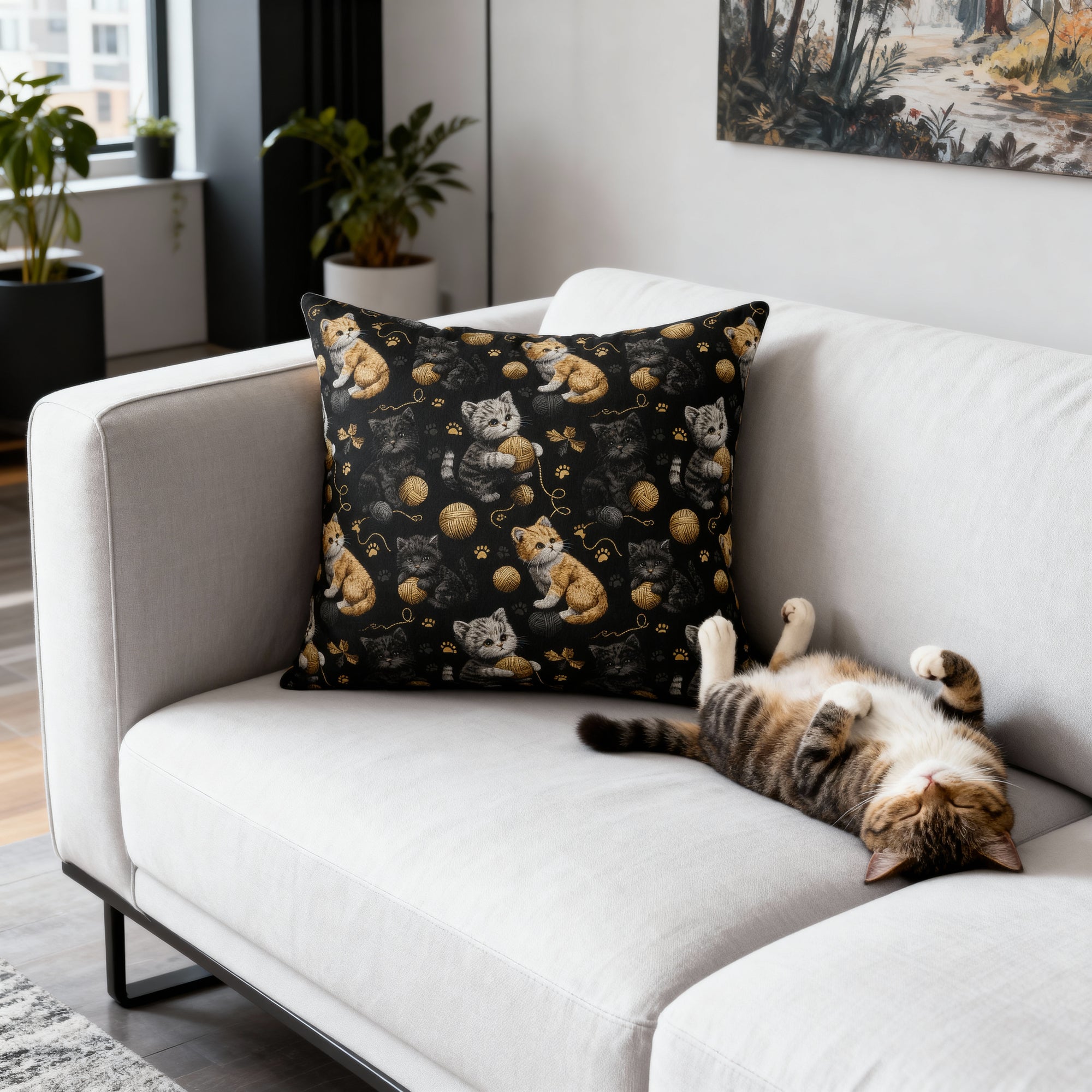 Indoor Square Pillow - Assorted Cute Kittens with Colorful Yarn Balls and Paw Prints on a Black Backdrop