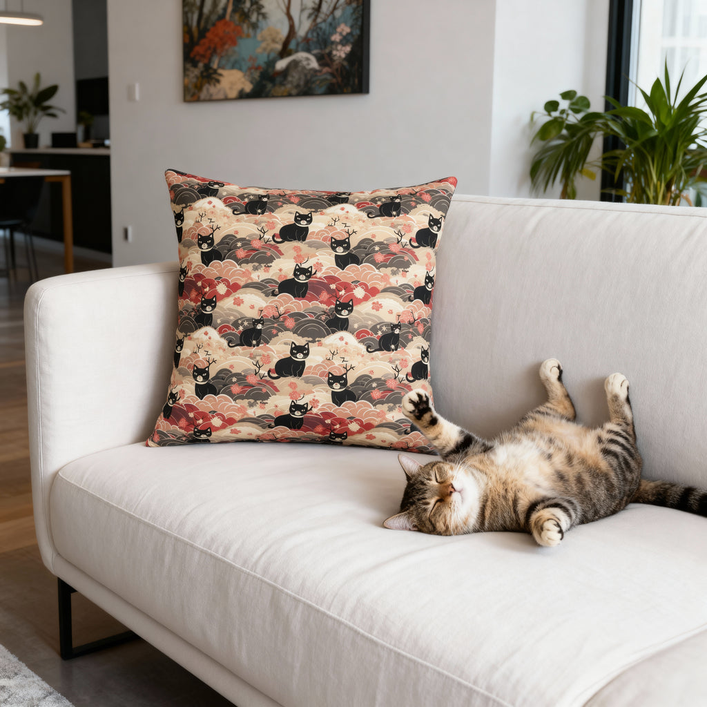 Indoor Square Pillow - A whimsical and enchanting Japanese-style pattern featuring cute black and orange cats nestled among vibrant orange blossoms and soft, cloudy backgrounds.