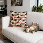 Indoor Square Pillow - A whimsical and enchanting Japanese-style pattern featuring cute black and orange cats nestled among vibrant orange blossoms and soft, cloudy backgrounds.