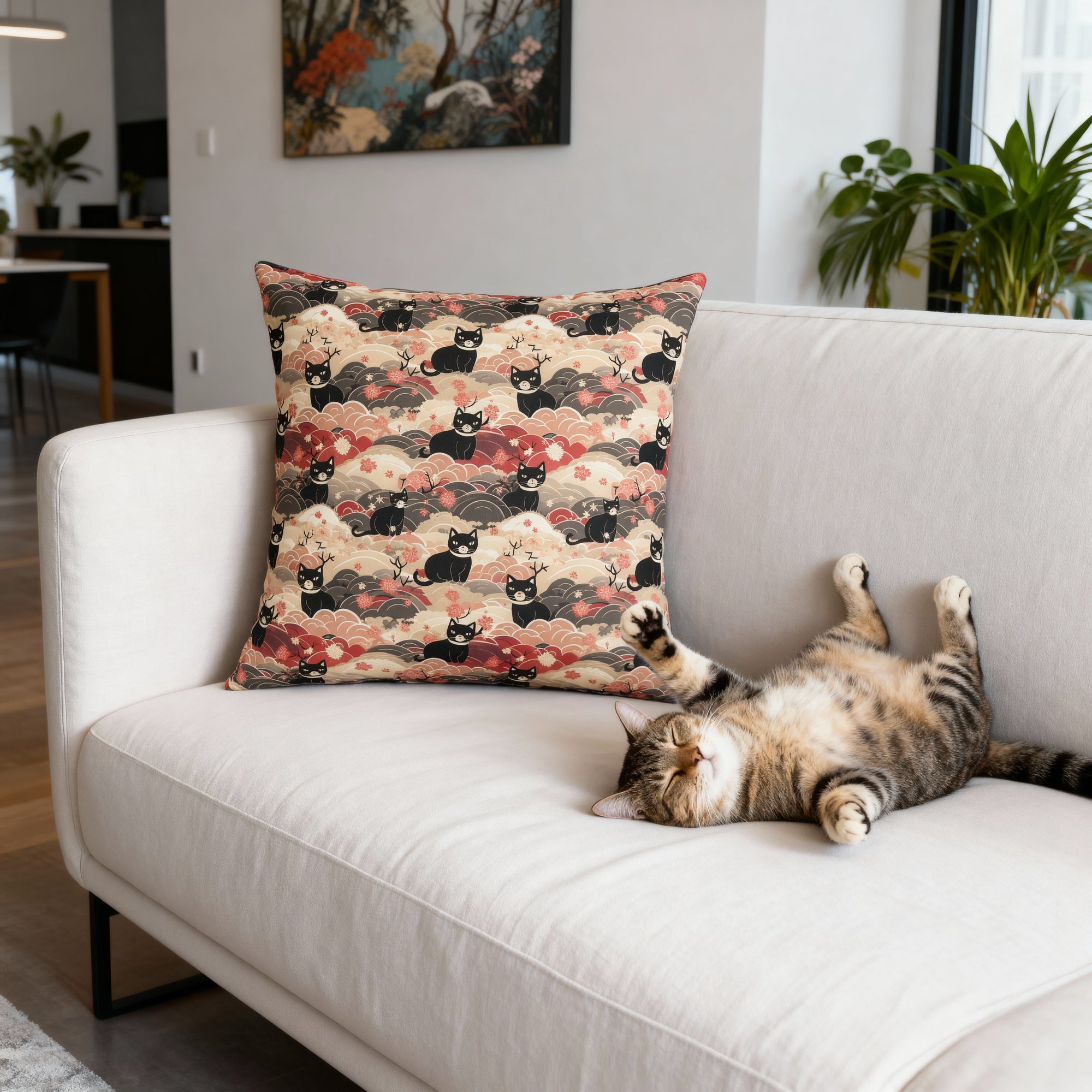 Indoor Square Pillow - A whimsical and enchanting Japanese-style pattern featuring cute black and orange cats nestled among vibrant orange blossoms and soft, cloudy backgrounds.