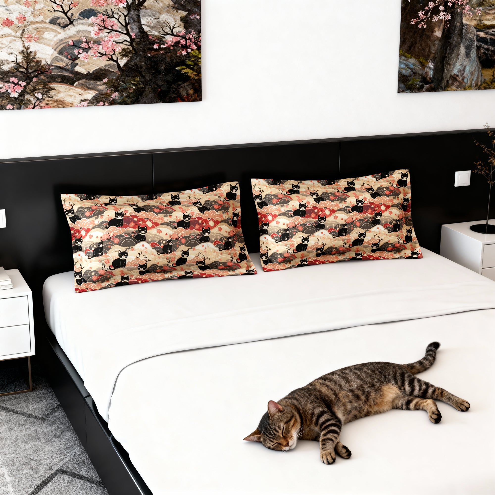 Pillow Sham - A whimsical and enchanting Japanese-style pattern featuring cute black and orange cats nestled among vibrant orange blossoms and soft, cloudy backgrounds.