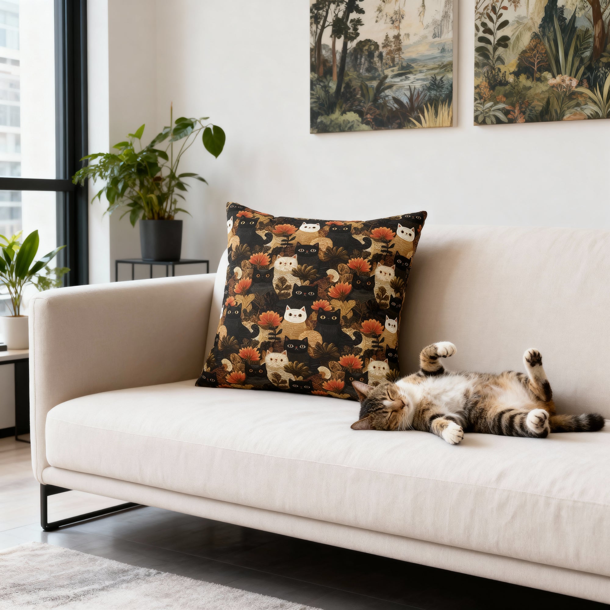 Indoor Square Pillow - A dark and fantastical illustrative painting of many different cats and plants, creating a dense, mysterious, and golden jungle or forest scene.