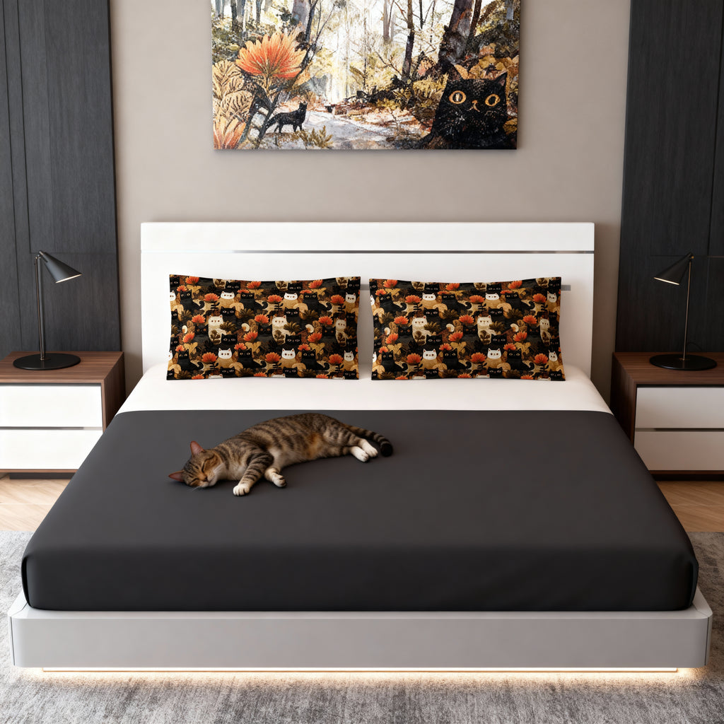Pillow Sham - A dark and fantastical illustrative painting of many different cats and plants, creating a dense, mysterious, and golden jungle or forest scene.