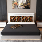 Pillow Sham - A dark and fantastical illustrative painting of many different cats and plants, creating a dense, mysterious, and golden jungle or forest scene.