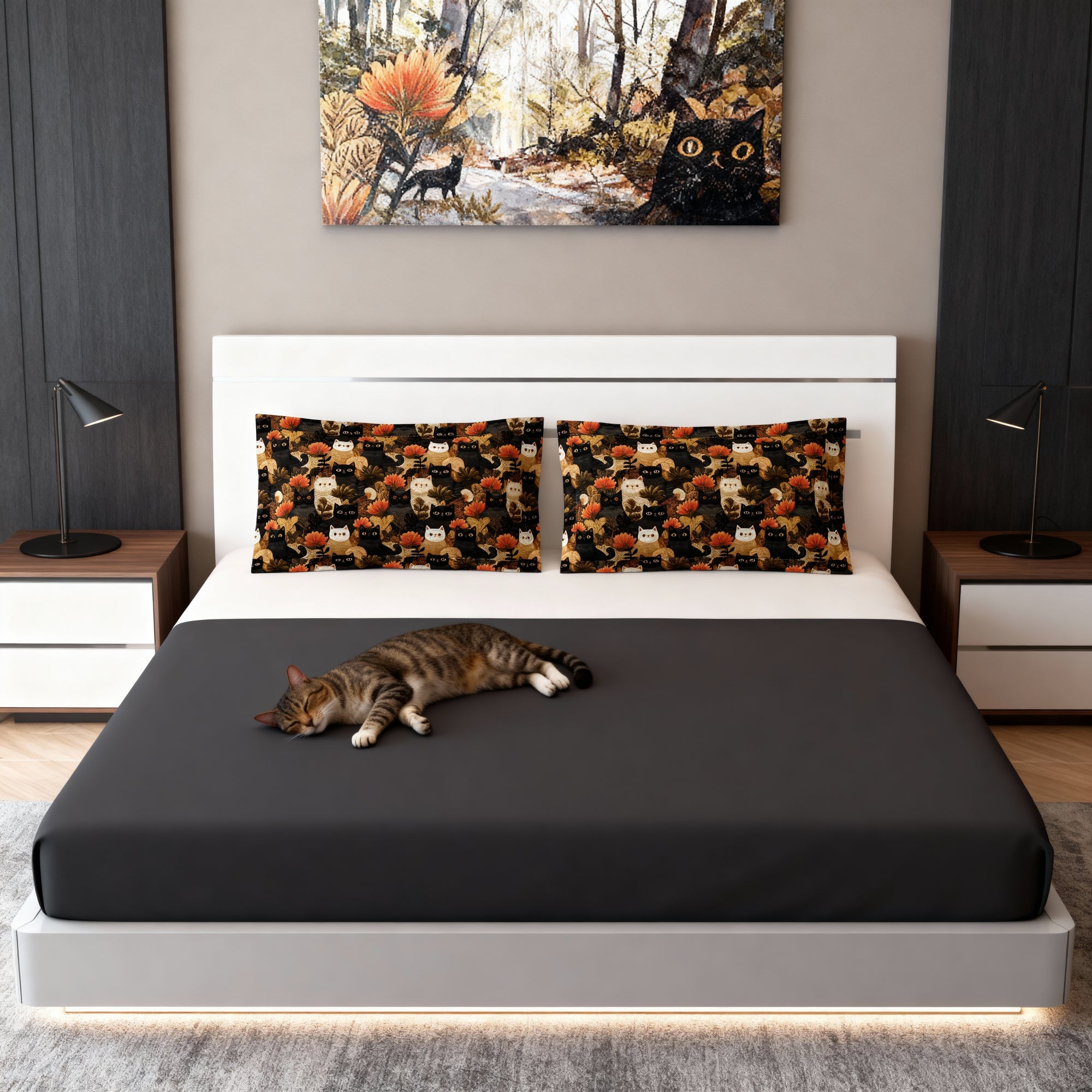 Pillow Sham - A dark and fantastical illustrative painting of many different cats and plants, creating a dense, mysterious, and golden jungle or forest scene.