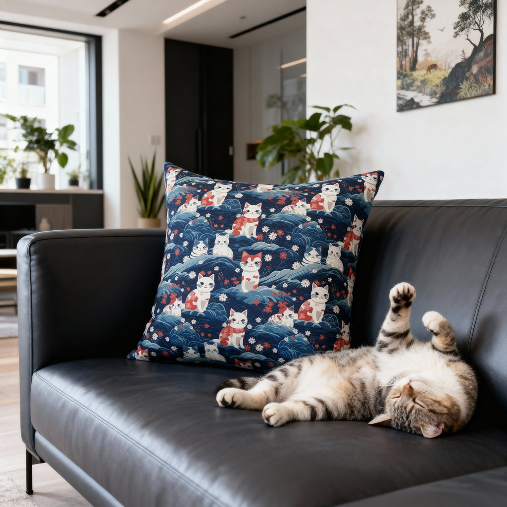 Indoor Square Pillow - A serene and sweet Japanese landscape pattern featuring multicolored cats relaxing within a tranquil field of red and white flowers and gentle blue hills.