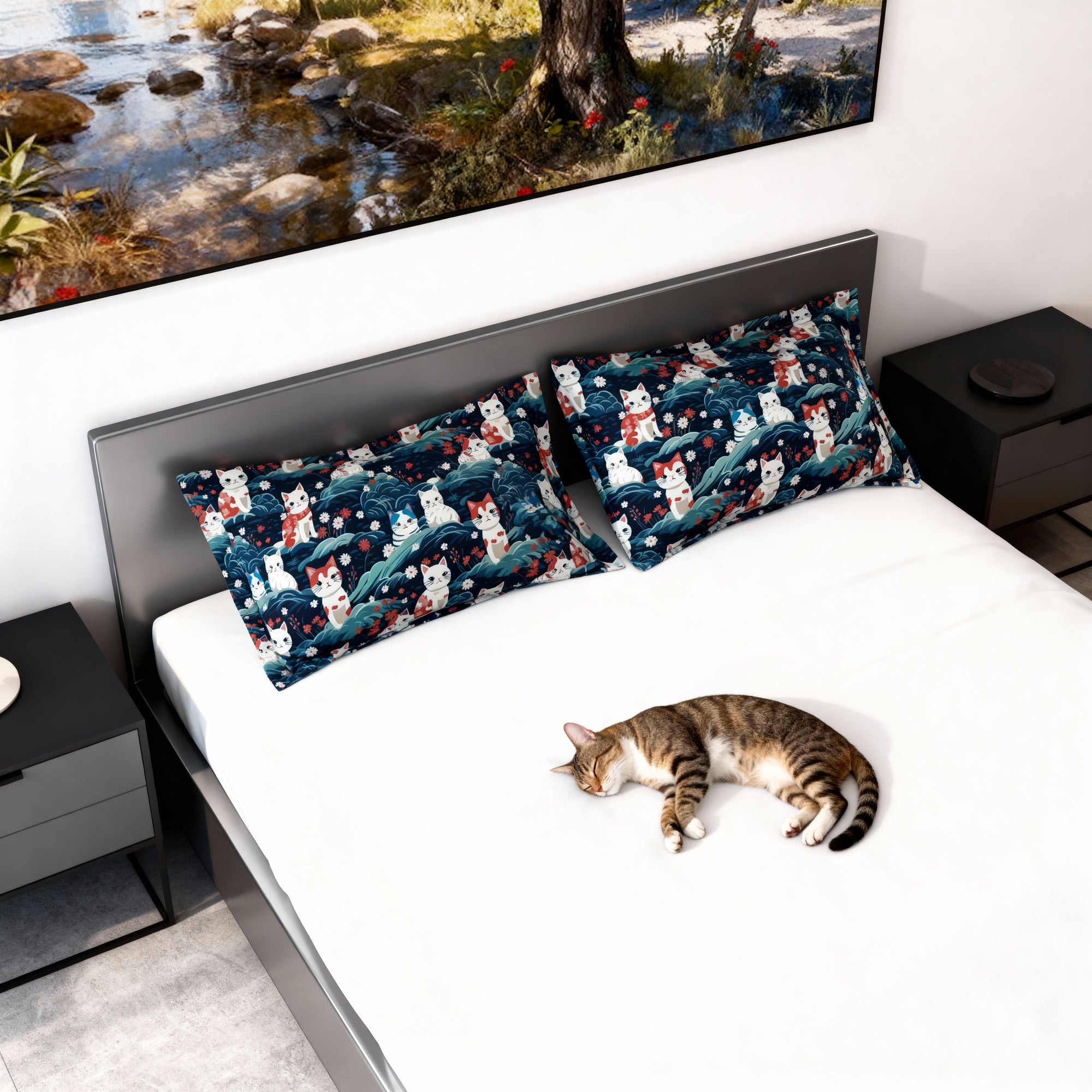 Pillow Sham - A serene and sweet Japanese landscape pattern featuring multicolored cats relaxing within a tranquil field of red and white flowers and gentle blue hills.
