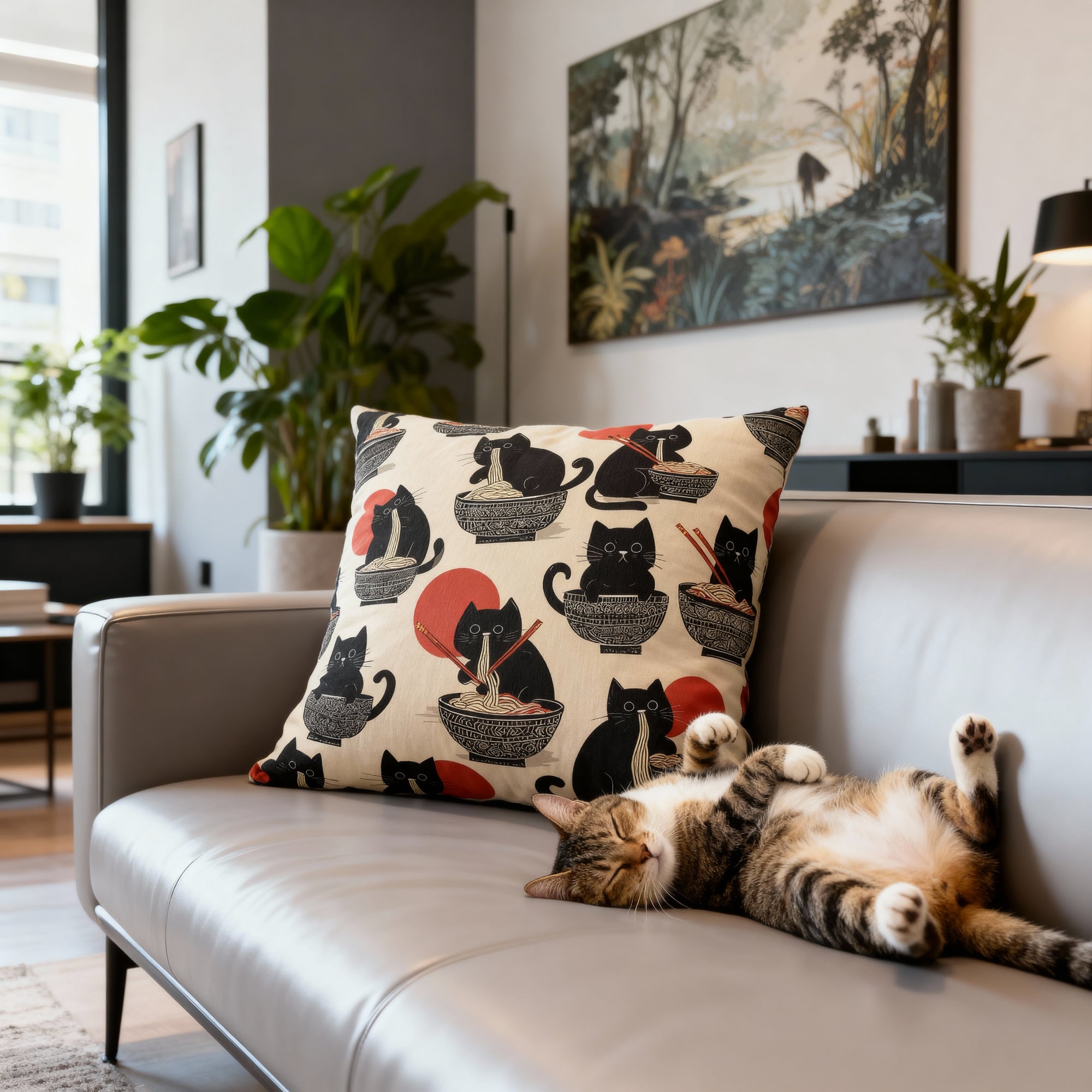 Indoor Square Pillow - A whimsical and delightful hand-drawn style pattern of adorable black cats eating bowls of delicious ramen noodles with a large red sun in the background.