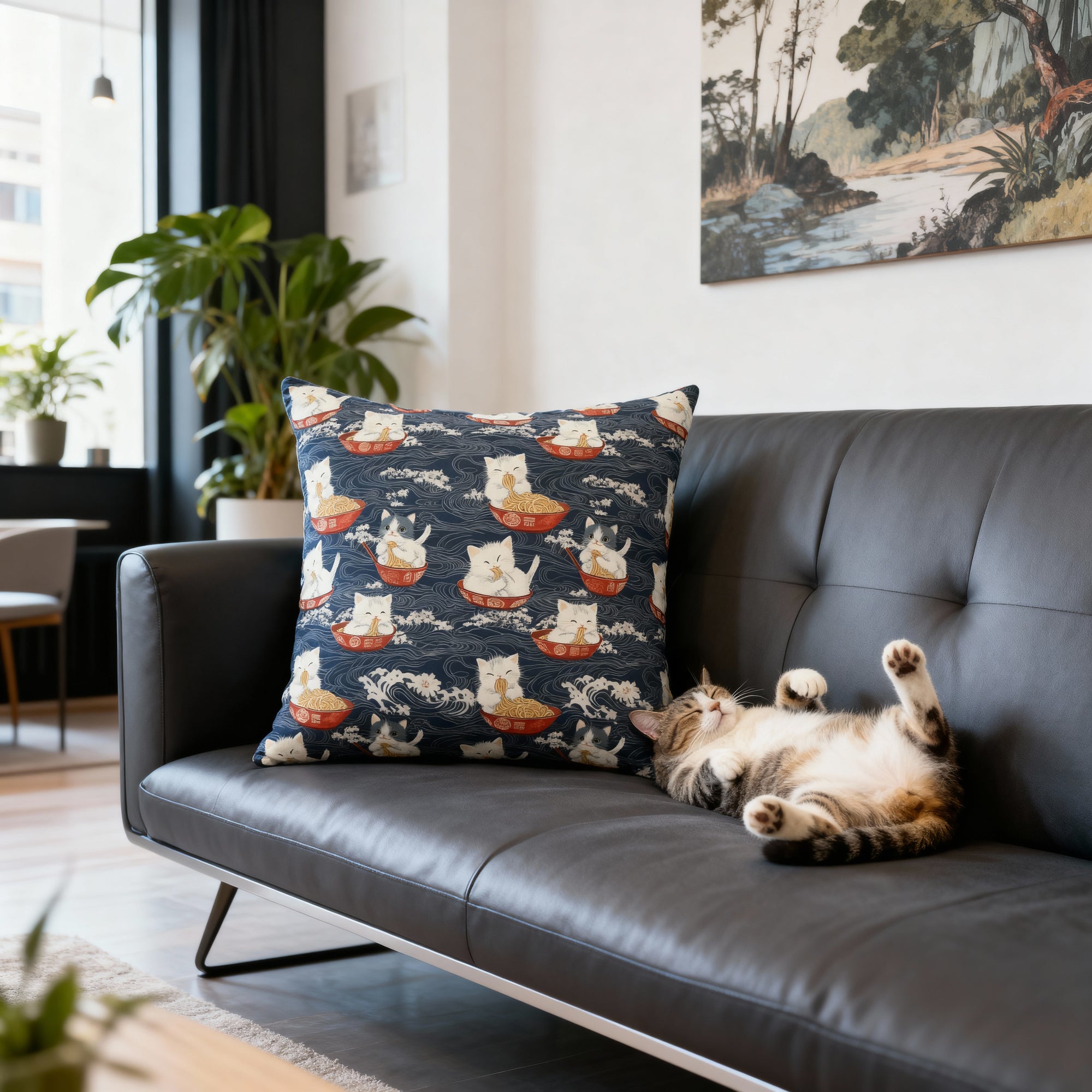 Indoor Square Pillow - An adorable and cute pattern of baby cats happily eating steaming ramen noodles from traditional red and white bowls with beautiful white floral elements surrounding them.