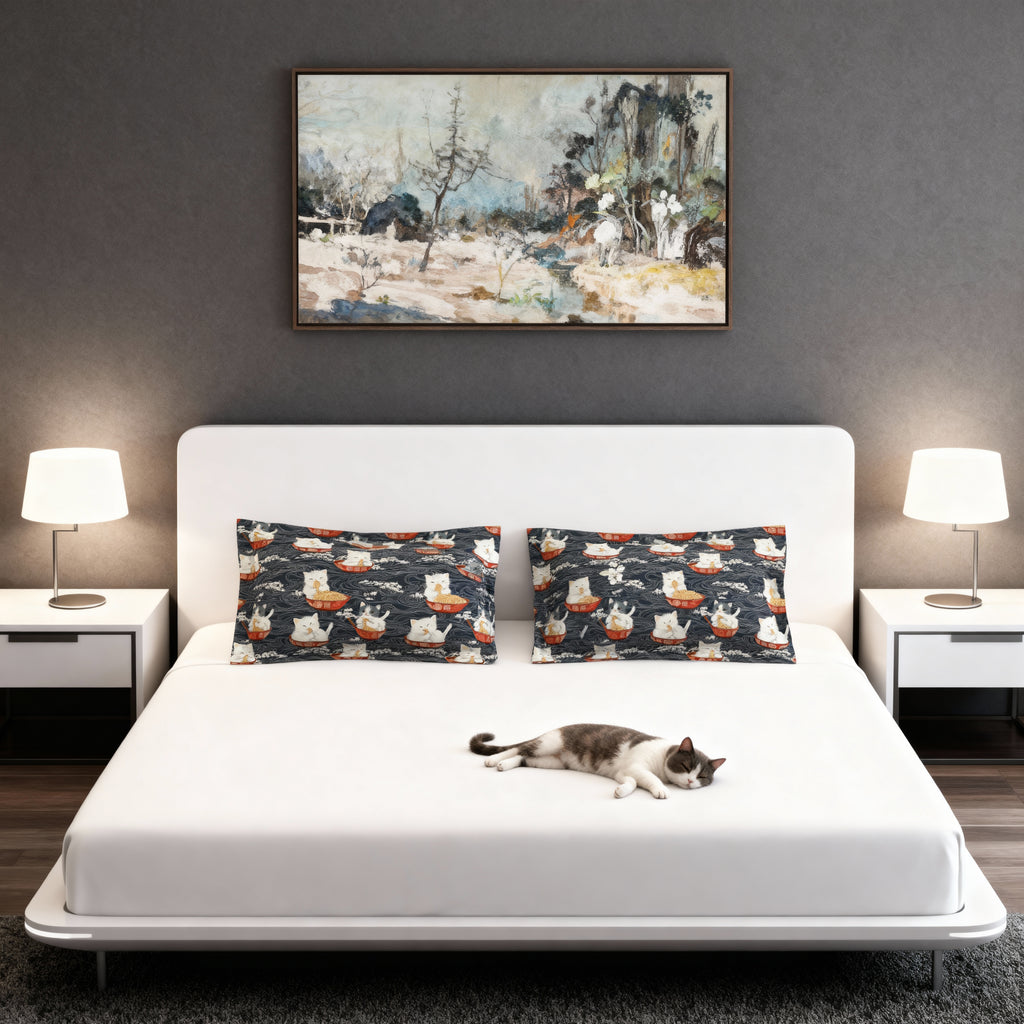 Pillow Sham - An adorable and cute pattern of baby cats happily eating steaming ramen noodles from traditional red and white bowls with beautiful white floral elements surrounding them.