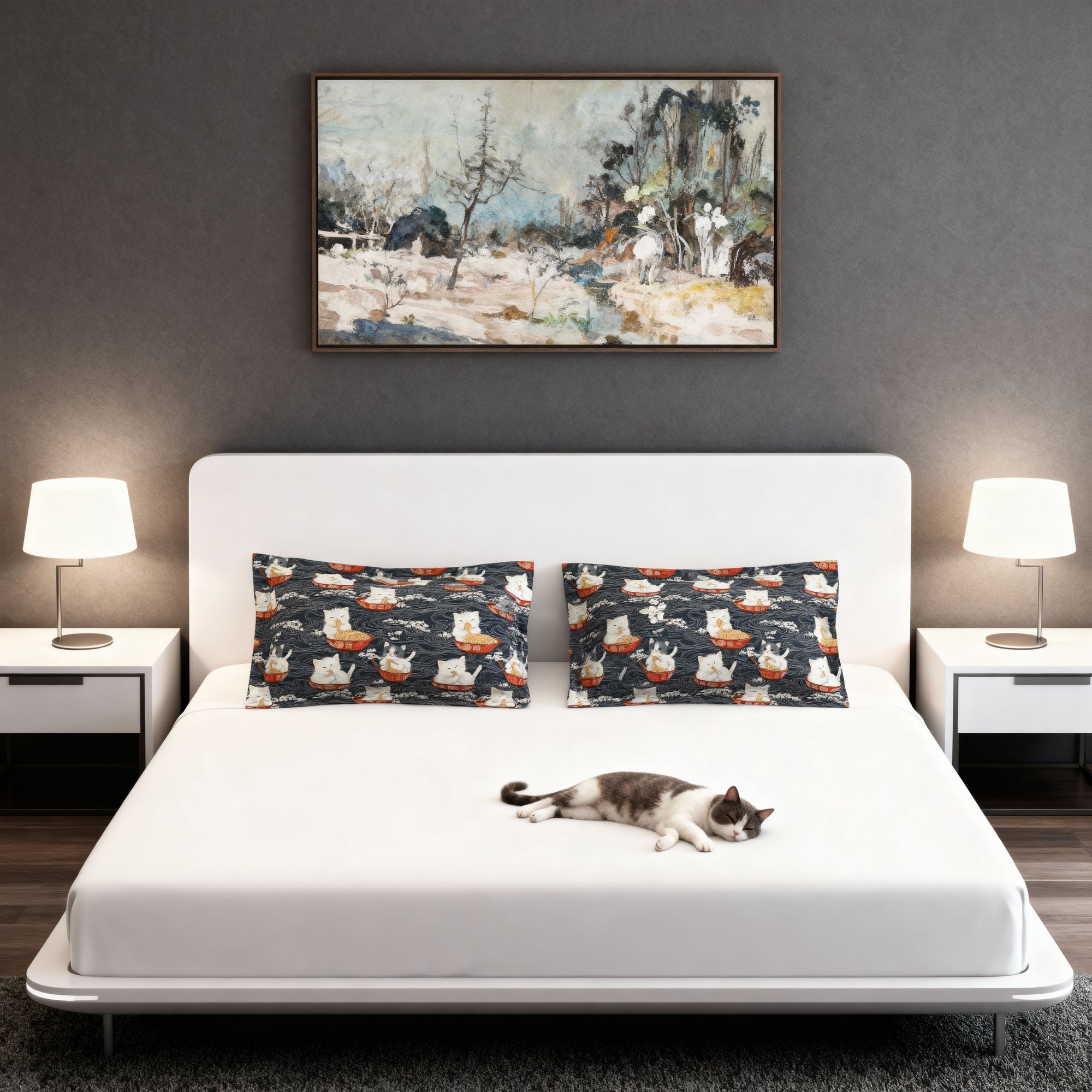 Pillow Sham - An adorable and cute pattern of baby cats happily eating steaming ramen noodles from traditional red and white bowls with beautiful white floral elements surrounding them.