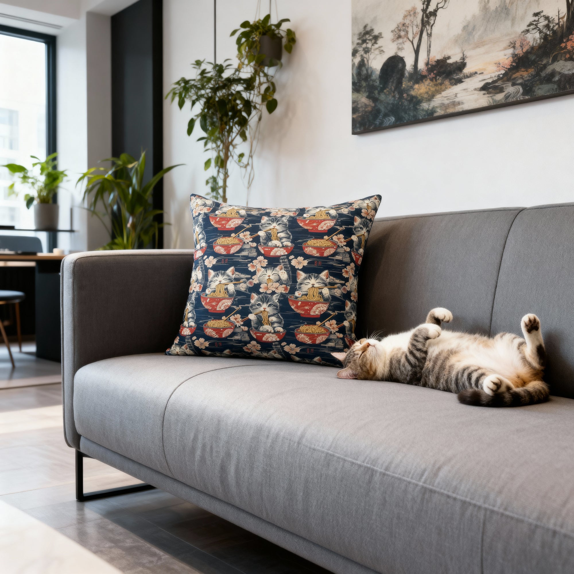 Indoor Square Pillow - A charming and detailed illustration of happy kittens in red ramen bowls eating their noodles with chopsticks among beautiful pink cherry blossoms on a dark background.