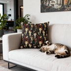 Indoor Square Pillow - A bold and striking Art Deco pattern showcasing stylized feline portraits with sharp, gold lines and geometric shapes set against a dark, dramatic background.