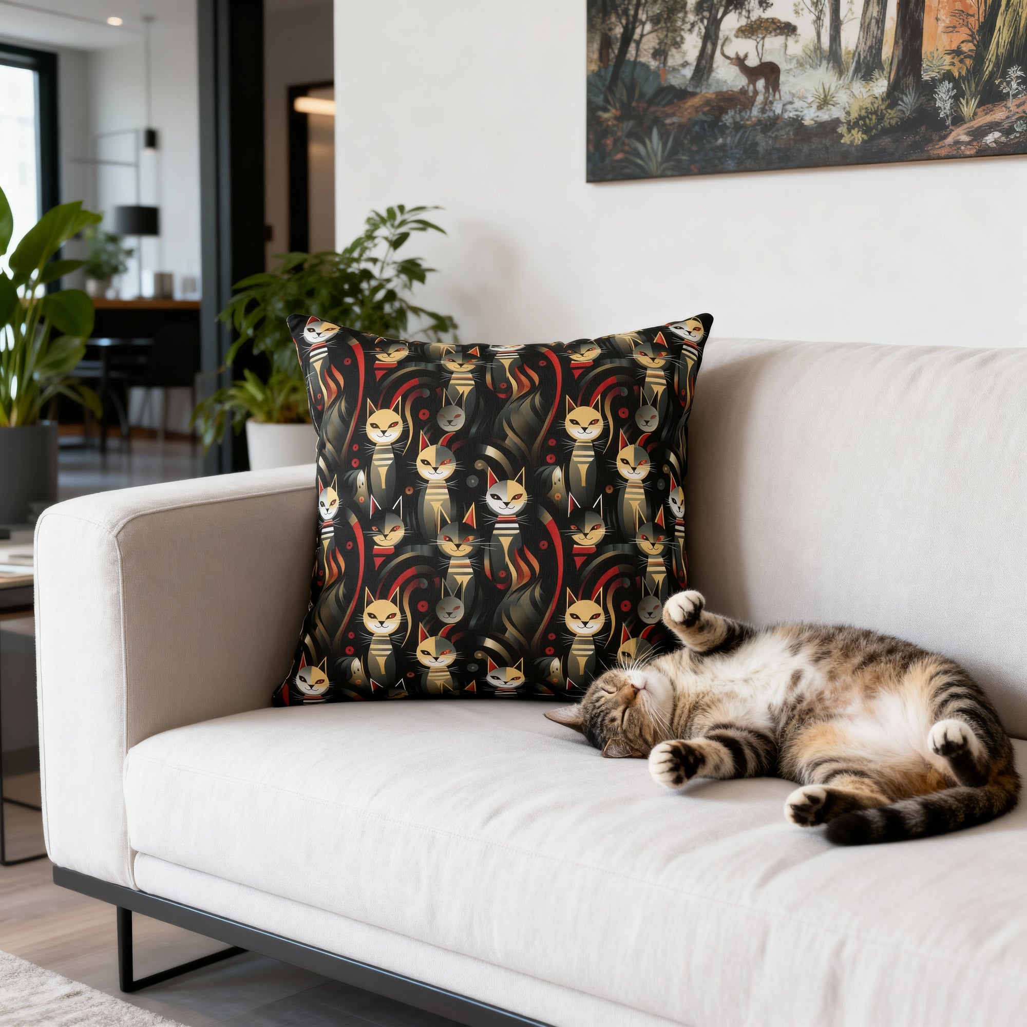 Indoor Square Pillow - A bold and striking Art Deco pattern showcasing stylized feline portraits with sharp, gold lines and geometric shapes set against a dark, dramatic background.