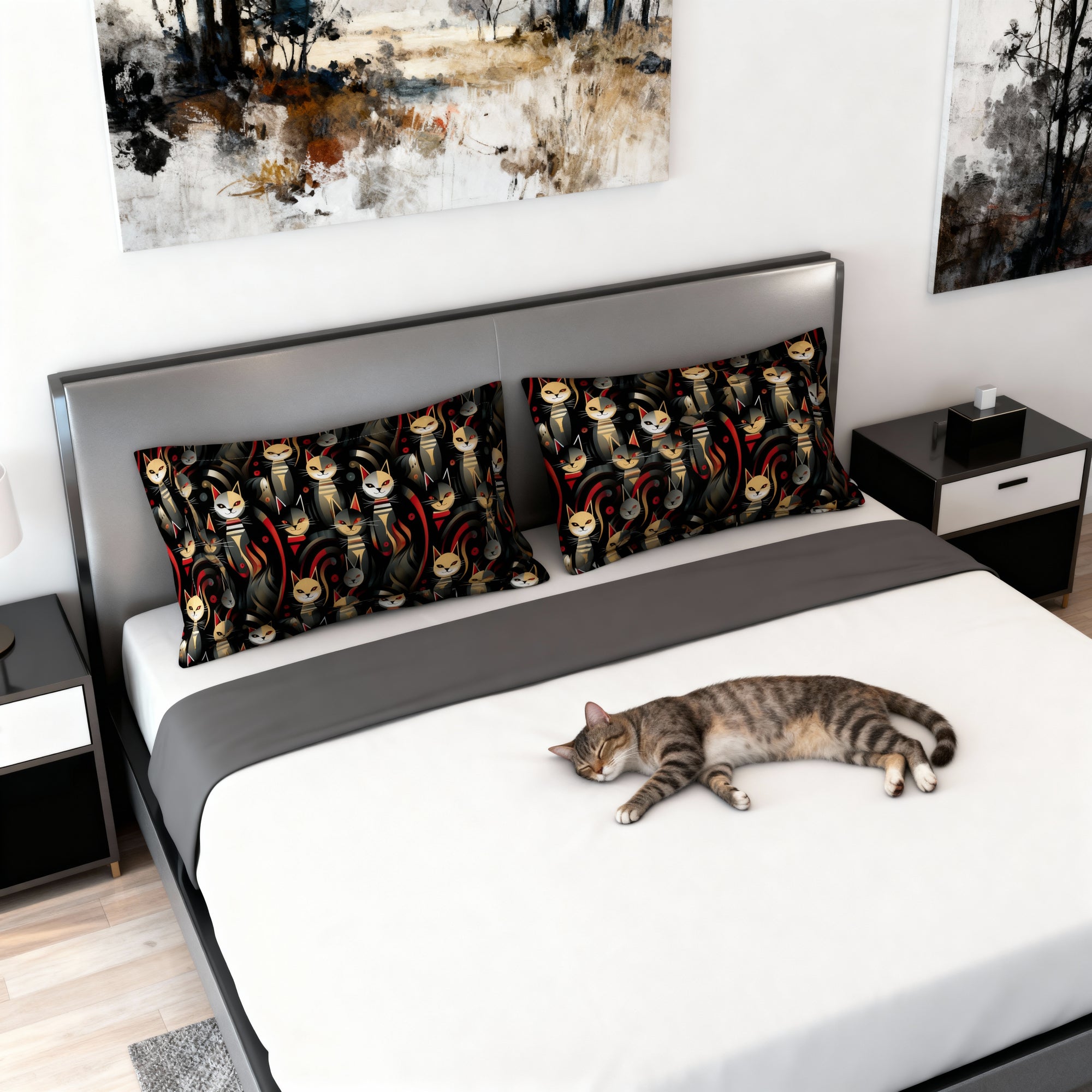 Pillow Sham - A bold and striking Art Deco pattern showcasing stylized feline portraits with sharp, gold lines and geometric shapes set against a dark, dramatic background.