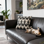 Indoor Square Pillow - An elegant and artistic Art Deco-style pattern featuring streamlined white cats with a striking geometric backdrop of golden and black lines and shapes.