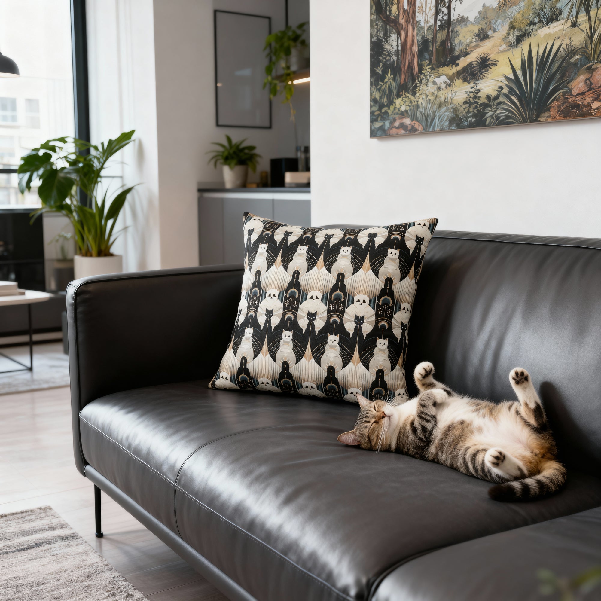 Indoor Square Pillow - An elegant and artistic Art Deco-style pattern featuring streamlined white cats with a striking geometric backdrop of golden and black lines and shapes.