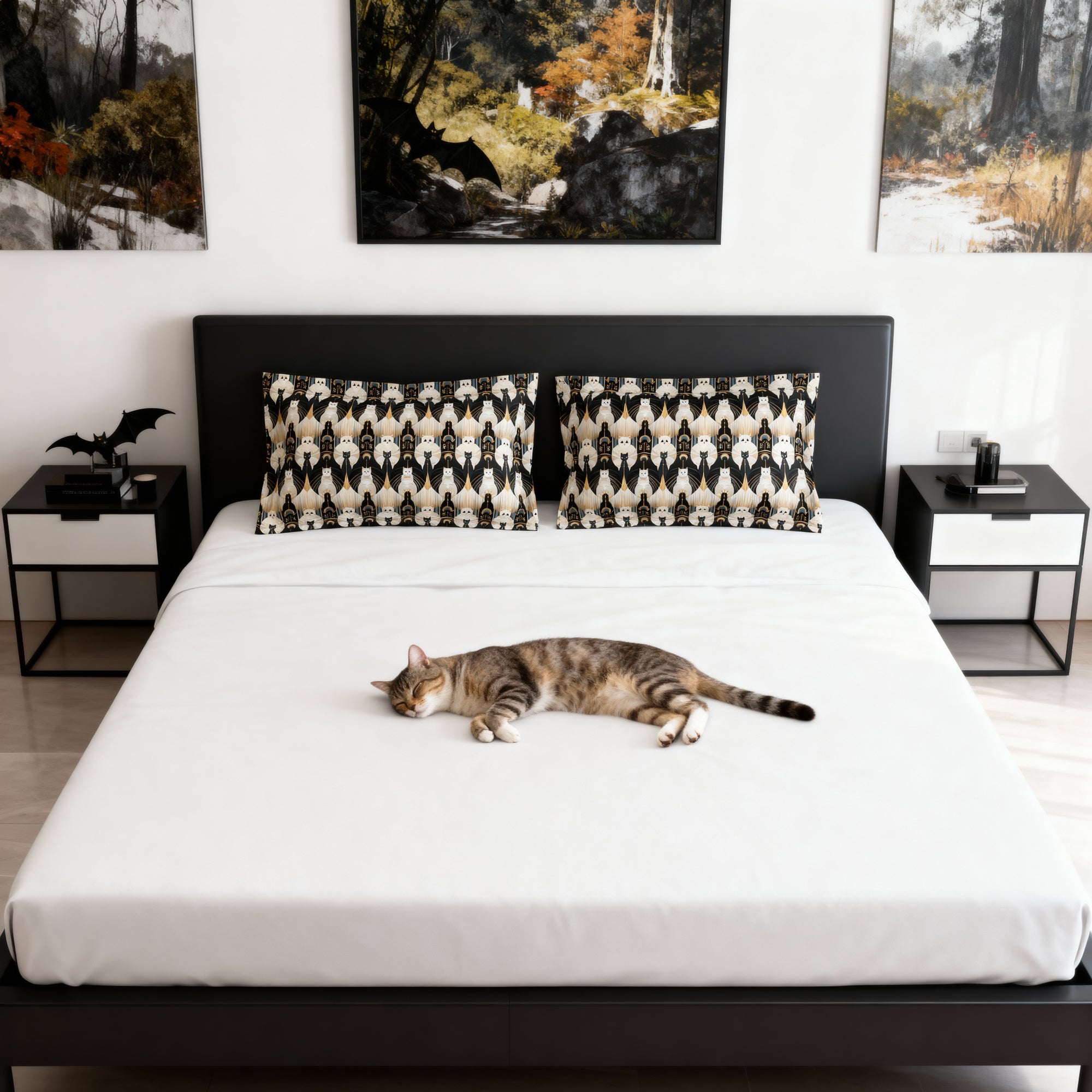 Pillow Sham - An elegant and artistic Art Deco-style pattern featuring streamlined white cats with a striking geometric backdrop of golden and black lines and shapes.