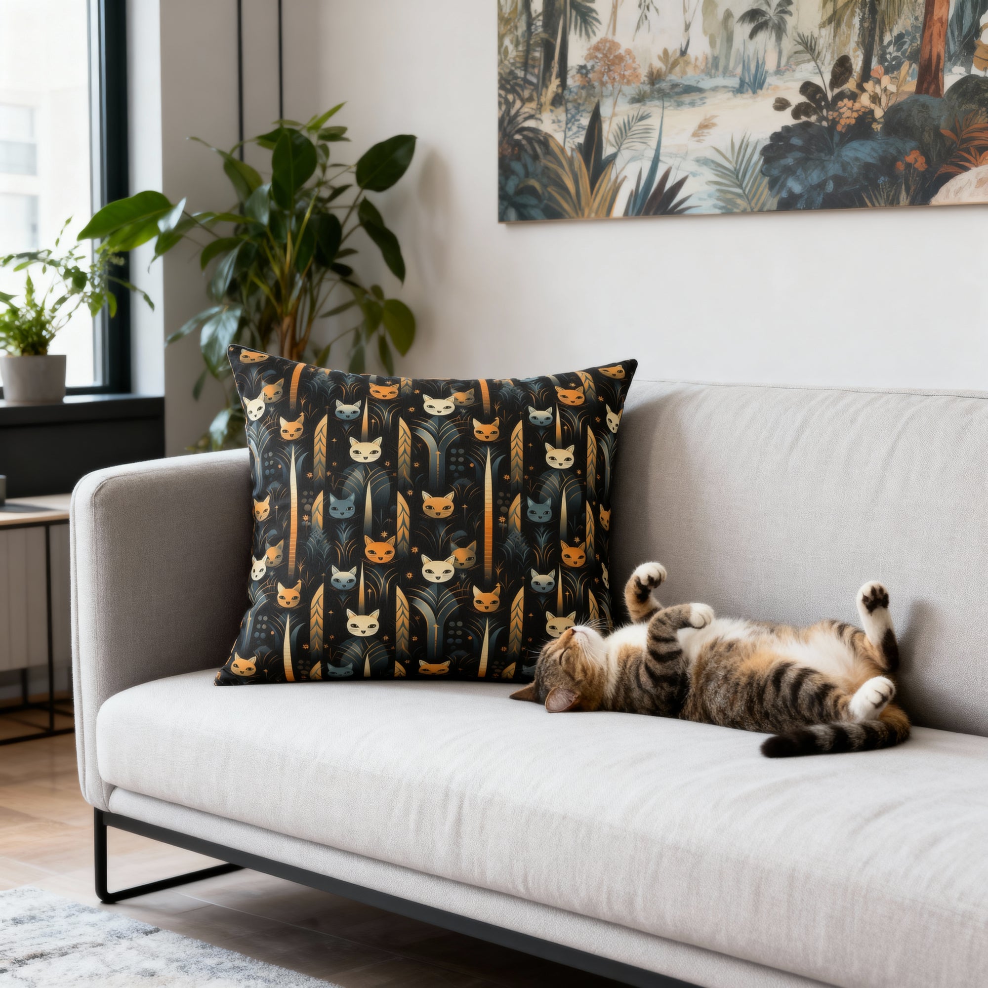 Indoor Square Pillow - A sleek and stylish Art Deco-inspired pattern depicting a serene nocturnal landscape with streamlined cat silhouettes and radiating golden light among abstract plants.