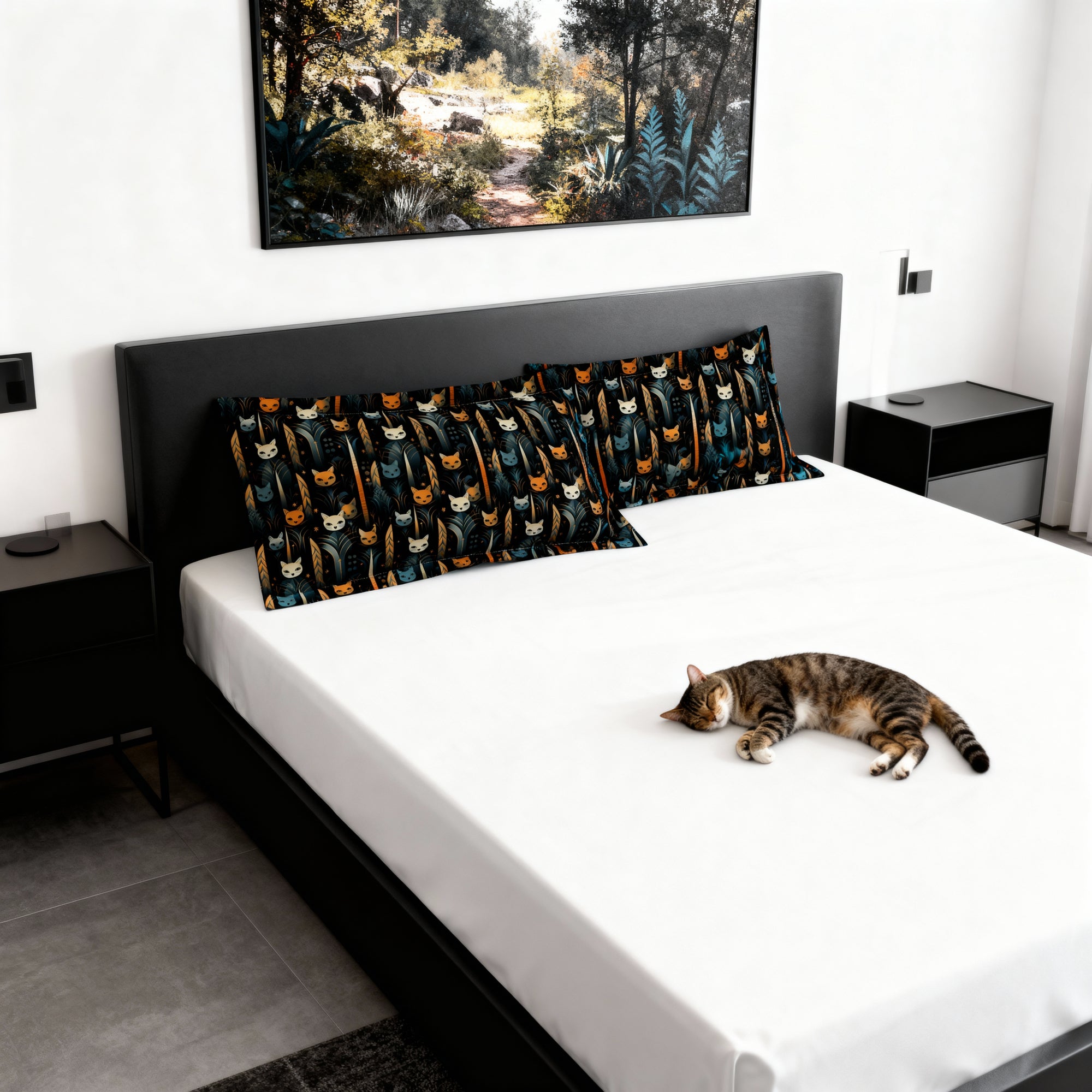 Pillow Sham - A sleek and stylish Art Deco-inspired pattern depicting a serene nocturnal landscape with streamlined cat silhouettes and radiating golden light among abstract plants.
