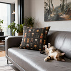 Indoor Square Pillow - A striking and sophisticated Art Deco-style pattern of felines with bold, intricate lines and dramatic geometric shapes, all rendered in a unique gold and gray color palette.