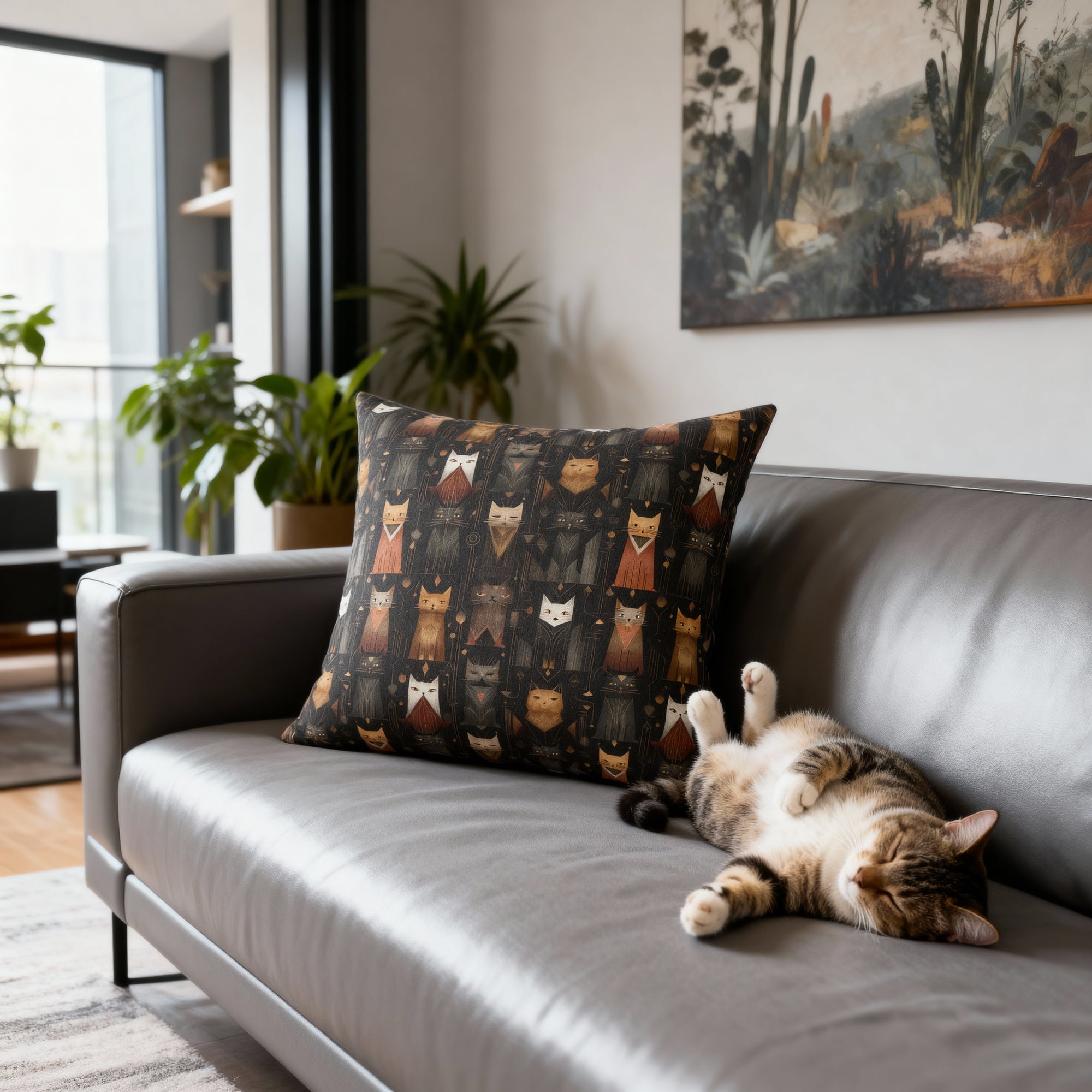 Indoor Square Pillow - A striking and sophisticated Art Deco-style pattern of felines with bold, intricate lines and dramatic geometric shapes, all rendered in a unique gold and gray color palette.