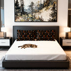 Pillow Sham - A striking and sophisticated Art Deco-style pattern of felines with bold, intricate lines and dramatic geometric shapes, all rendered in a unique gold and gray color palette.
