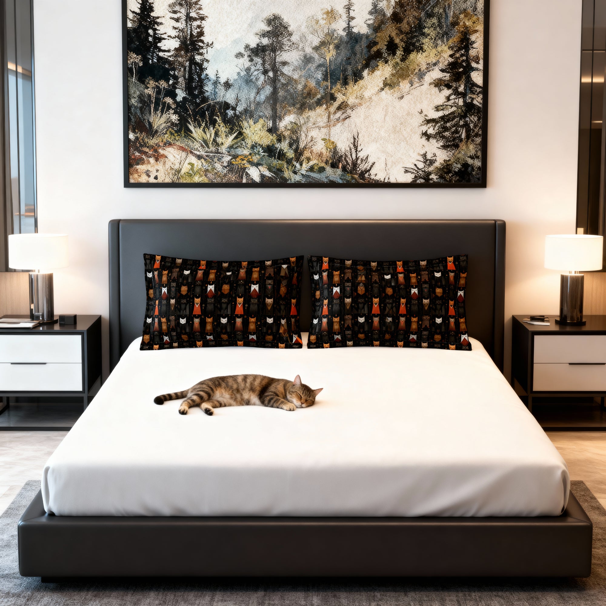 Pillow Sham - A striking and sophisticated Art Deco-style pattern of felines with bold, intricate lines and dramatic geometric shapes, all rendered in a unique gold and gray color palette.