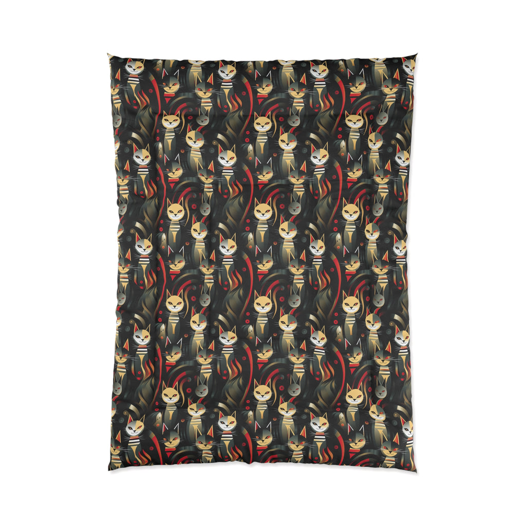 Comforter - A bold and striking Art Deco pattern showcasing stylized feline portraits with sharp, gold lines and geometric shapes set against a dark, dramatic background.