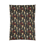 Comforter - A bold and striking Art Deco pattern showcasing stylized feline portraits with sharp, gold lines and geometric shapes set against a dark, dramatic background.