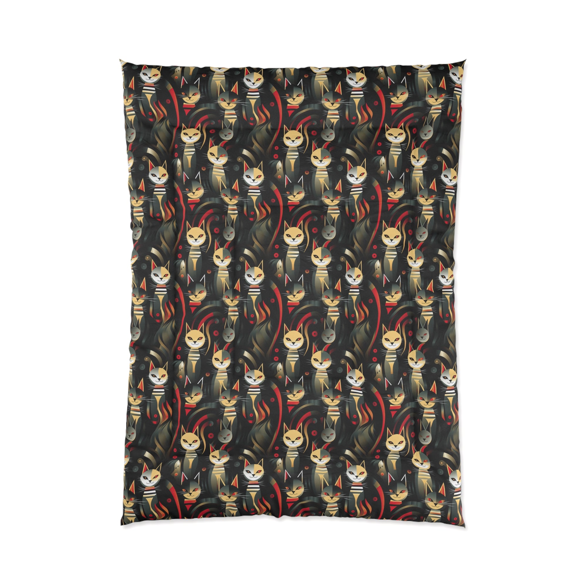 Comforter - A bold and striking Art Deco pattern showcasing stylized feline portraits with sharp, gold lines and geometric shapes set against a dark, dramatic background.