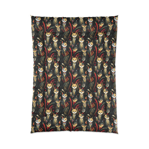 Comforter - A bold and striking Art Deco pattern showcasing stylized feline portraits with sharp, gold lines and geometric shapes set against a dark, dramatic background.