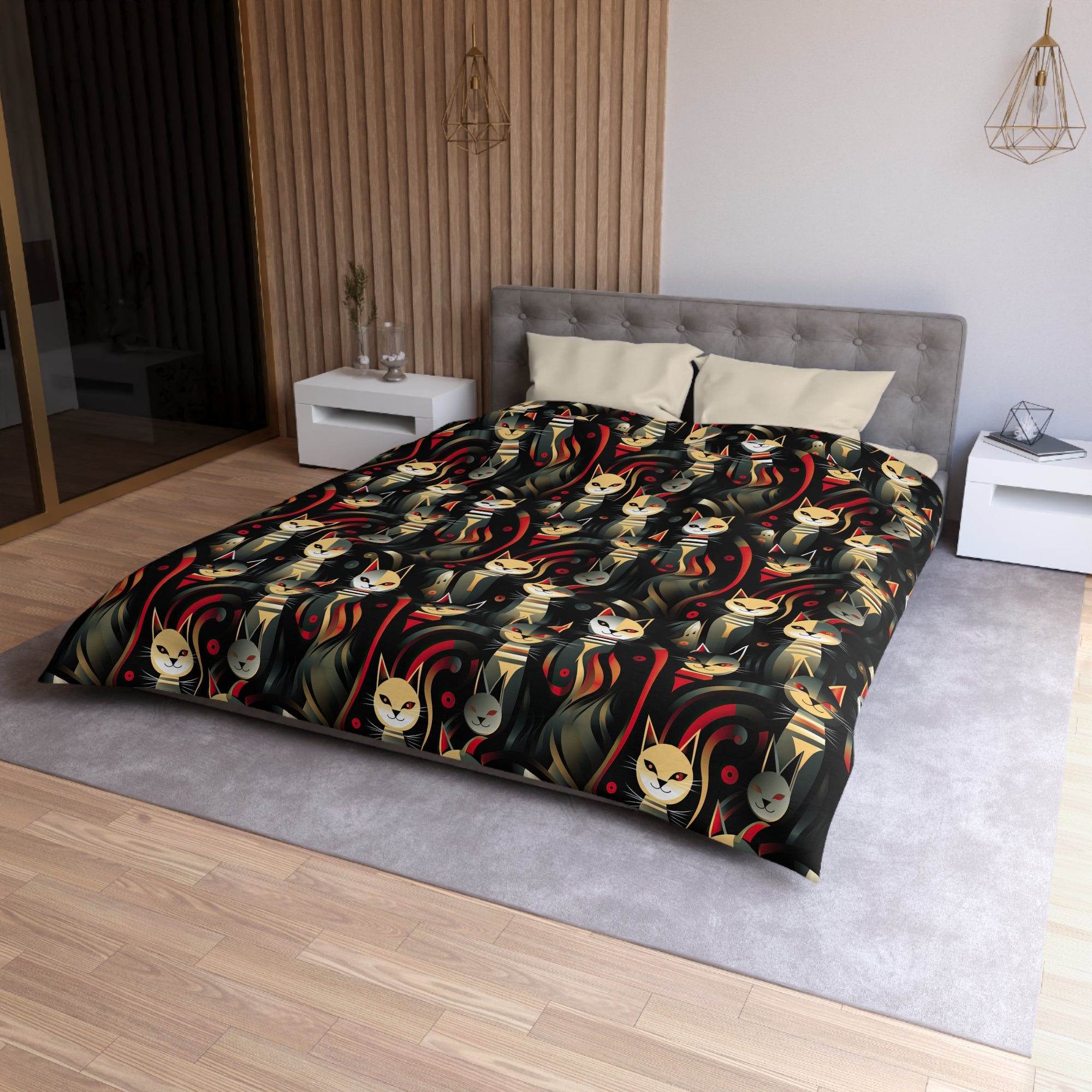 Duvet Cover - A bold and striking Art Deco pattern showcasing stylized feline portraits with sharp, gold lines and geometric shapes set against a dark, dramatic background.