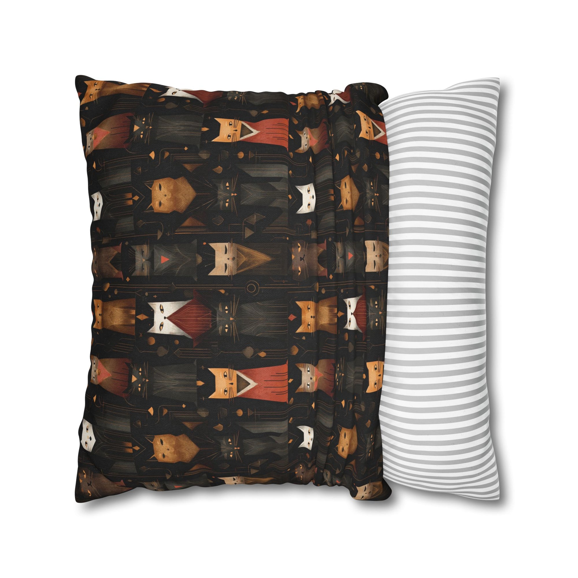 Square Pillowcase - A striking and sophisticated Art Deco-style pattern of felines with bold, intricate lines and dramatic geometric shapes, all rendered in a unique gold and gray color palette.
