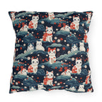Outdoor Pillow - A serene and sweet Japanese landscape pattern featuring multicolored cats relaxing within a tranquil field of red and white flowers and gentle blue hills.