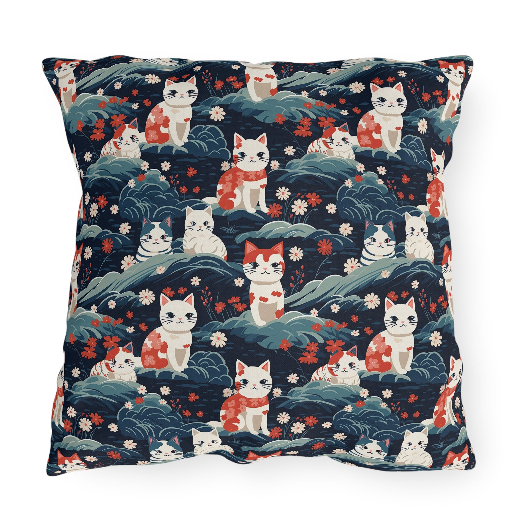 Outdoor Pillow - A serene and sweet Japanese landscape pattern featuring multicolored cats relaxing within a tranquil field of red and white flowers and gentle blue hills.