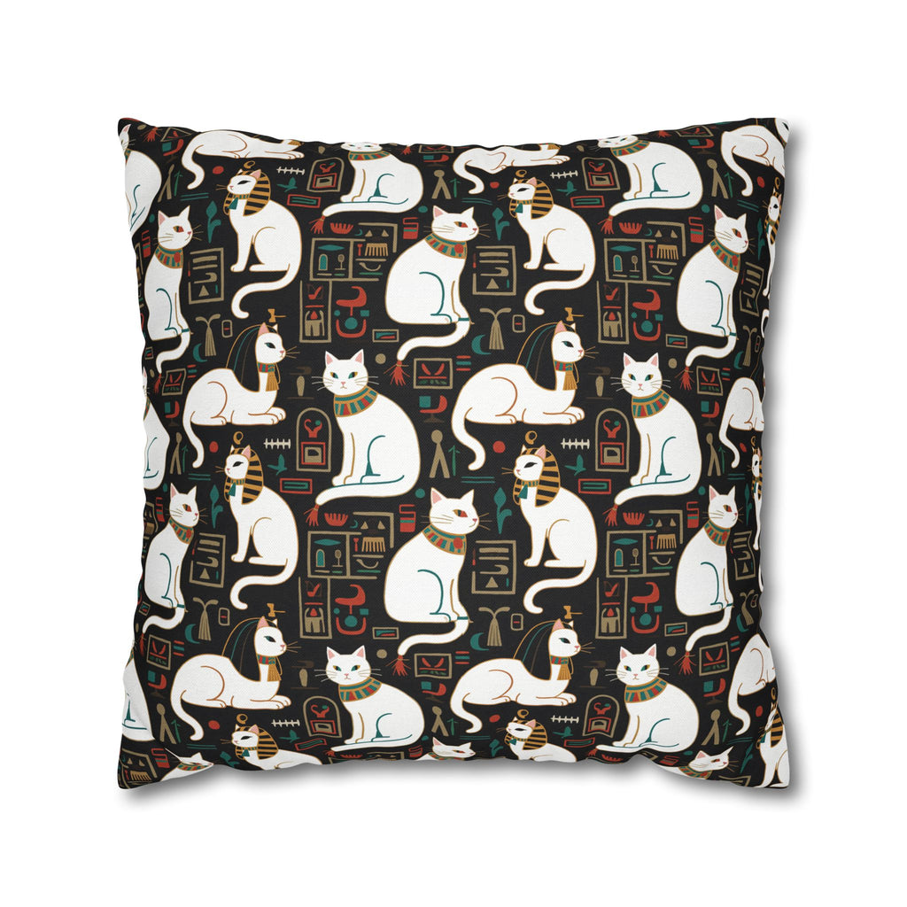 Square Pillowcase - Regal White Egyptian Cats with Ornate Collars and Ancient Symbols Adorn this Historically Inspired and Mystical Pattern