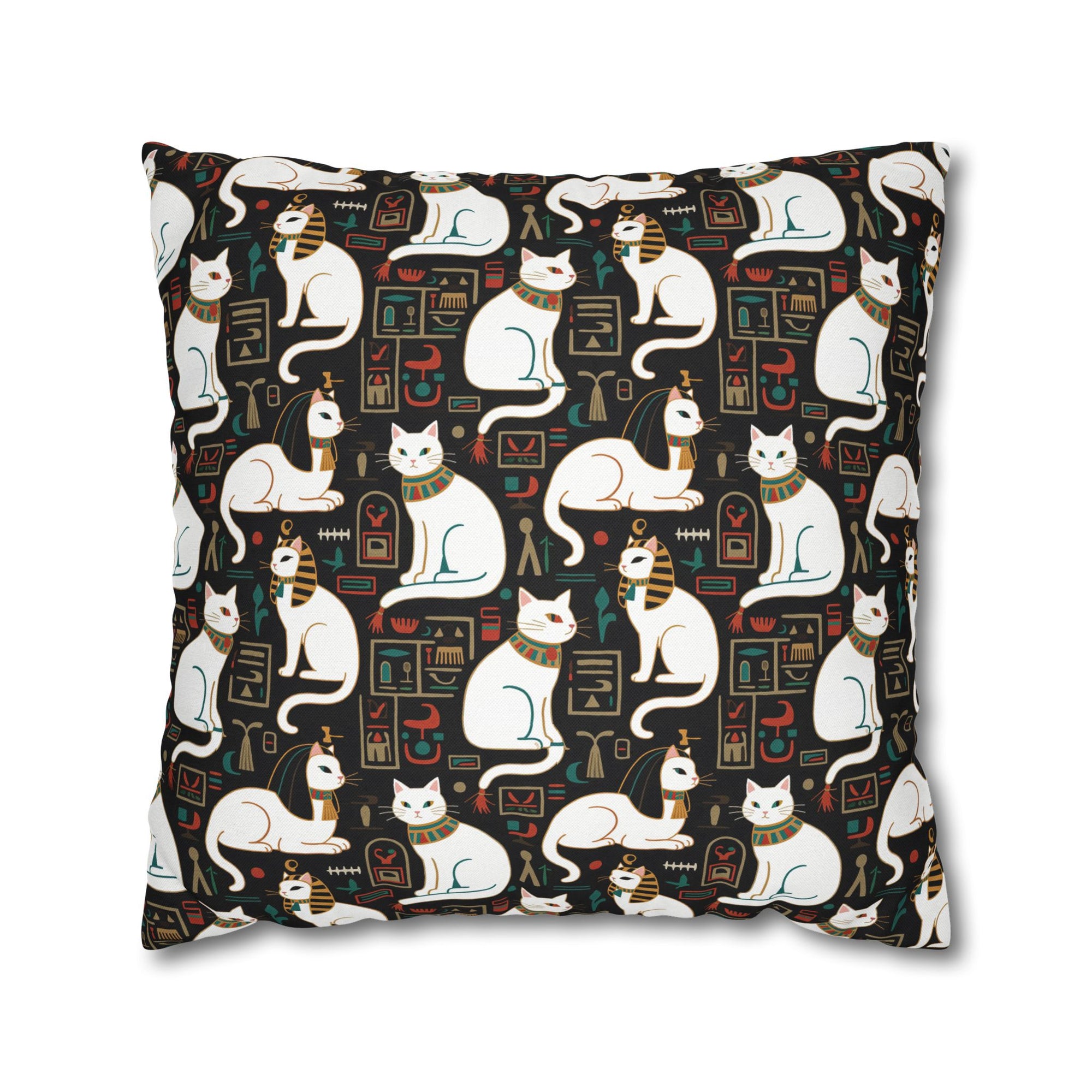 Square Pillowcase - Regal White Egyptian Cats with Ornate Collars and Ancient Symbols Adorn this Historically Inspired and Mystical Pattern